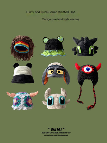 Cute Monster-Inspired Hand-Knitted Beanie - Essential for Autumn and Winter Warmth