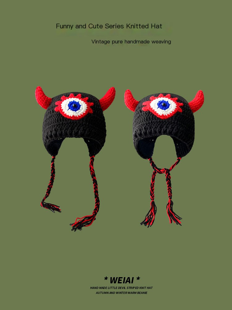 Cute Monster-Inspired Hand-Knitted Beanie - Essential for Autumn and Winter Warmth